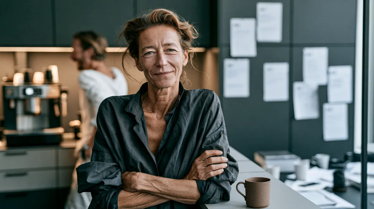 Projektmanagerin in einer Büroküche, an die Theke gelehnt, Teebecher neben ihr